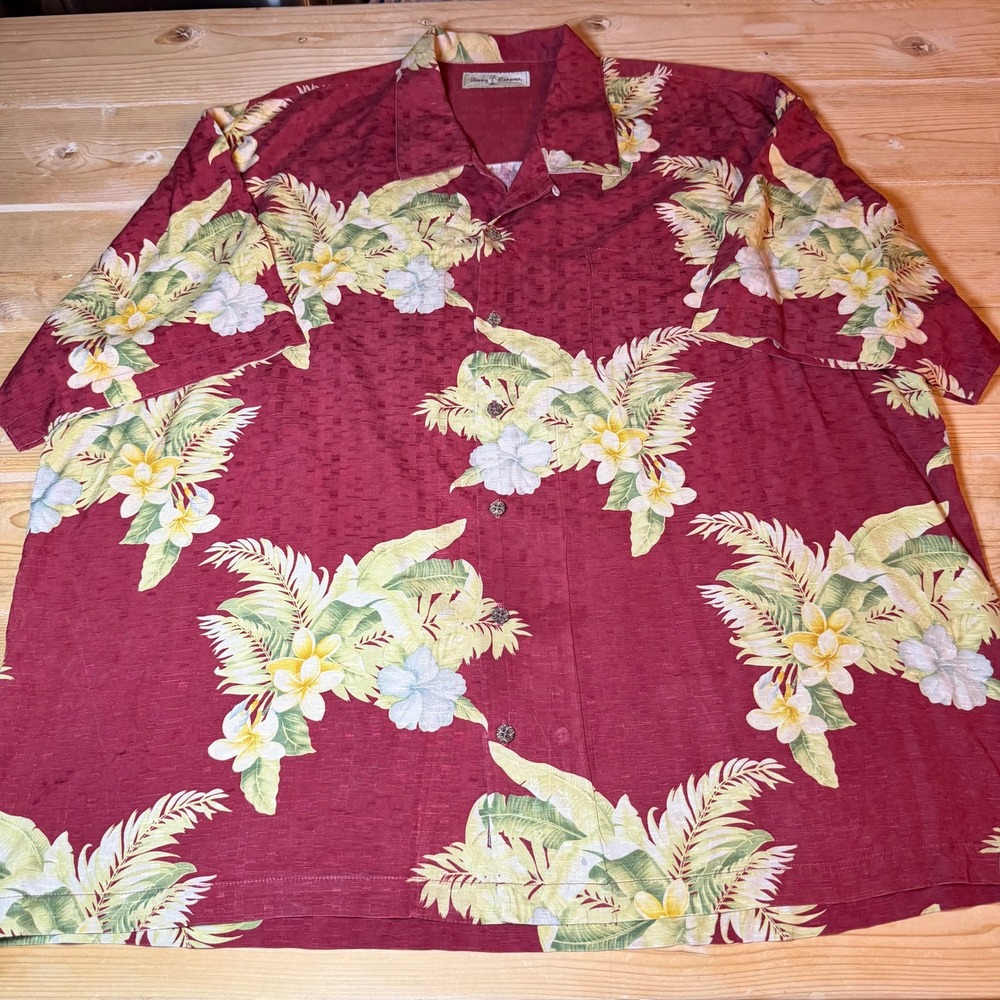 Tommy Bahama Mens XXL‎ Silk Floral Tropical Camp Shirt Burgundy Red Short Sleeve